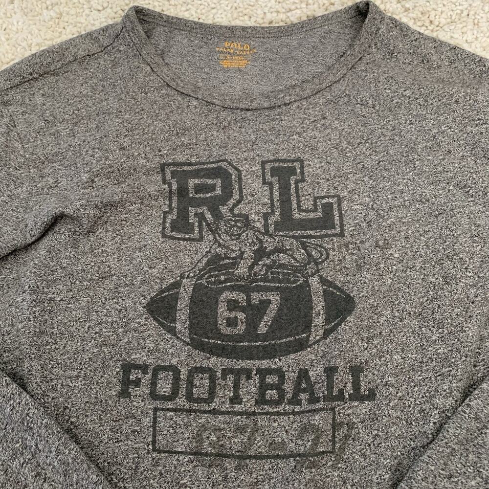 POLO Ralph Lauren T-Shirt Mens Sz Medium Football RL 67 Long Sleeve Marled Gray